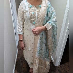 Elegant Cream and Blue Indian Dress - Like New!